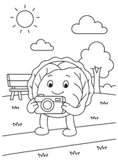 coloring book page of a cabbage taking pictures with a camera in the park.