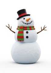 Smiling snowman figure, sporting a top hat, scarf, and twig arms, stands on a bright white background. Festive and joyful winter design