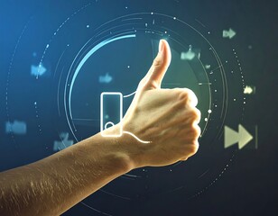 A hand giving a thumbs-up gesture overlaid with digital graphic elements