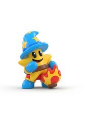 Fototapeta premium Star wizard figure with a pointed hat stands beside a fiery ball, isolated on a white background, cute and vibrant