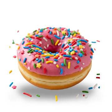 Vibrant Pink Frosted Donut with Multicolored Sprinkles and Star Shapes Falling Off, Isolated on Black Background, Ideal for Bakery Ads, Dessert Menus, Food Blogs, and Sweet Treat Illustrations