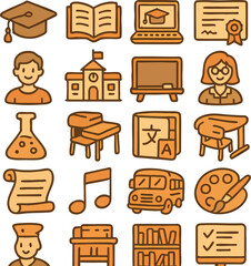 Education and online learning vector icons, e-learning, graduation, book, certificate, school, student, teacher, science study EPS set