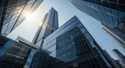 Looking up at modern skyscrapers in a city with clear blue sky, showcasing urban architecture and business district in a financial center