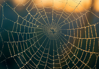 Obraz premium Close-up of a spiderweb covered in dewdrops, glistening against a blurred background of green and gold.