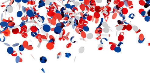 Falling confetti, red, white, and blue circles and ribbons. Perfect for party, celebration, or festive backgrounds.