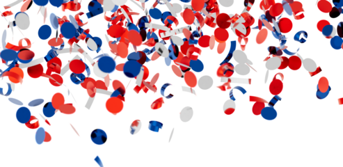 Falling confetti, red, white, and blue circles and ribbons. Perfect for party, celebration, or festive backgrounds.