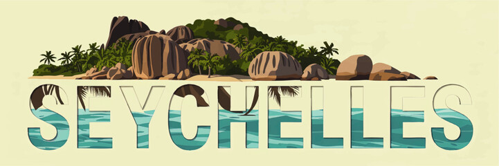 Seychelles tropical island beach illustration with granite boulders, palm trees, turquoise ocean, and modern travel typography
