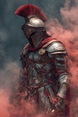 Naklejka premium Ares god of war in armor dramatic battlefield atmosphere