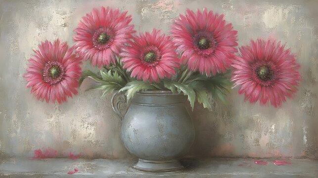 Pink Gerbera Daisies in Vintage Vase Still Life Painting - Powered by Adobe