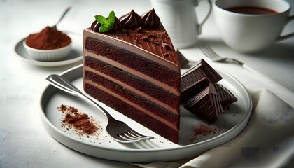 Close-up of a Delicious Layered Chocolate Cake Slice with Rich Ganache Glaze and Chocolate Decoration on a White Plate