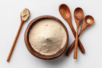 Light beige powder in wooden bowl with spoons (1)