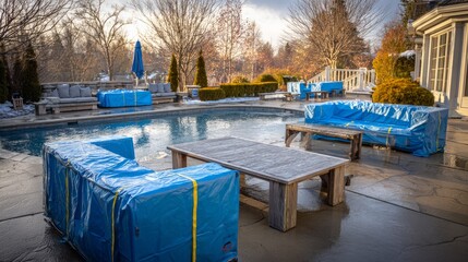 Outdoor furniture wrapped in waterproof tarps against winter frost, swimming pool tightly sealed with safety equipment, snowy landscape around