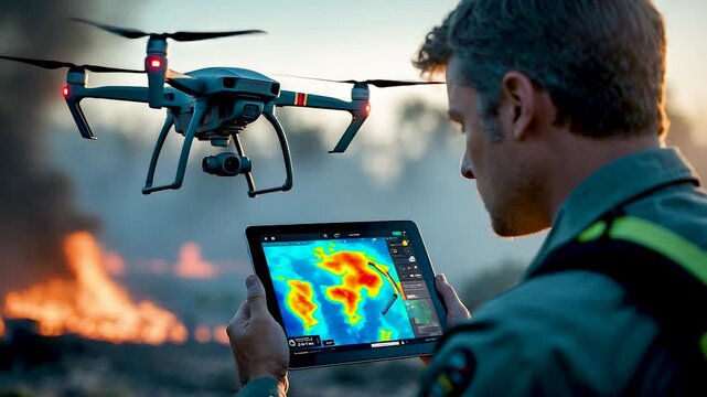 Man controlling drone with digital tablet showing colorful weather radar while flying near smoky wildfire area