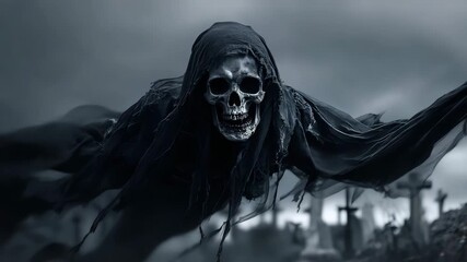 Dark skeletal ghost with decayed skull face, hooded in black shroud, hovering over misty cemetery with ghostly movement trails - Powered by Adobe