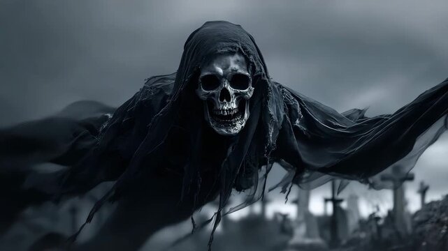 Dark skeletal ghost with decayed skull face, hooded in black shroud, hovering over misty cemetery with ghostly movement trails - Powered by Adobe