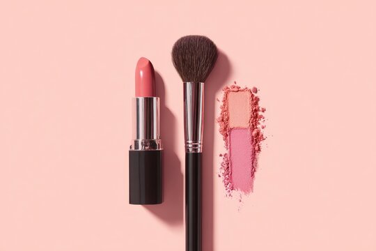 Makeup products on a pink background - Powered by Adobe