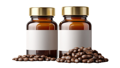 Two amber glass jars with gold lids, and white labels, sit amongst roasted coffee beans