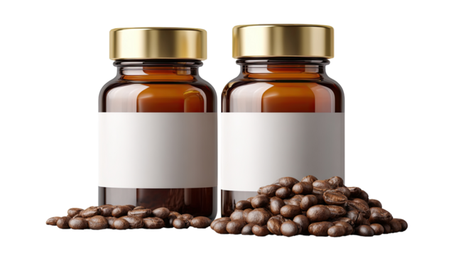 Two amber glass jars with gold lids, and white labels, sit amongst roasted coffee beans