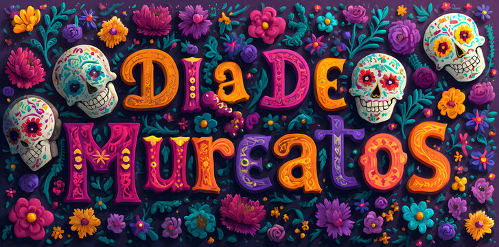 Day of the Dead text, Did de Muertos Spanish traditin text lettering, Mexican olliday template. Colourfu vector illustration with kulls, kithara, flowers, prforated paper. Mexico temlate