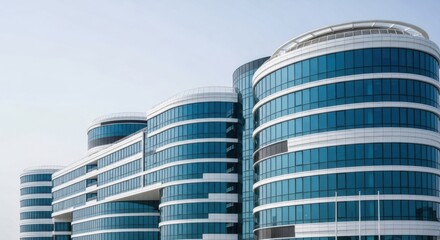 Modern architecture of a curved glass office building in an urban setting with a clear blue sky isolated on white background