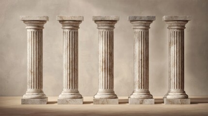 Obraz premium Row of five stone columns in timeless classical style, illuminated softly, neutral background enhancing elegant fluting and capitals