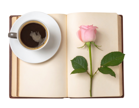  Open Diary with Coffee Cup and Rose Flower, Top-Down Flat Lay, Isolated PNG