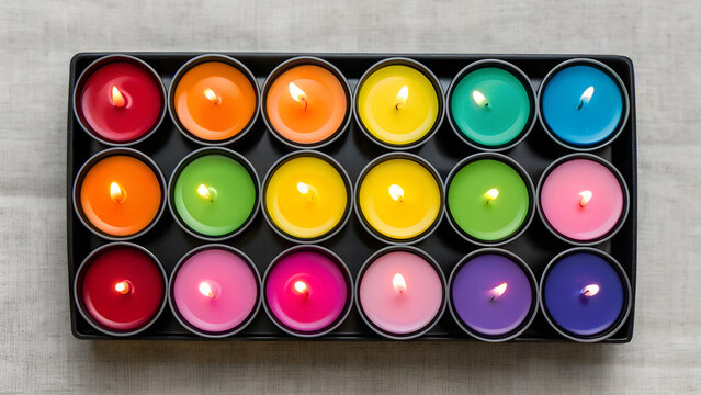 Tray of Small Colorful Tealight Candles Burning vibrant