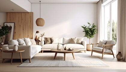 Modern, minimalist living room with natural tones