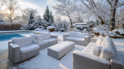 Protective winter covers on outdoor sofas and chairs, waterproof material shielding from snow, pool secured with safety cover in frosty garden