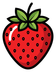 Obraz premium A vibrant red strawberry with green leaves and black seeds.