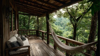Serene cabin wooden balcony with hammock overlooking forest canopy, rustic wooden beams, soft natural light, and tranquil greenery views