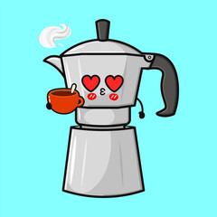 A charming cartoon coffee maker expresses love, holding a warm cup of coffee.
