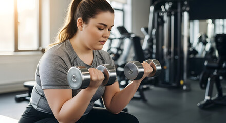 Fototapeta premium A woman in a gym is lifting dumbbells, focusing on a bicep curl exercise for strength training and fitness.