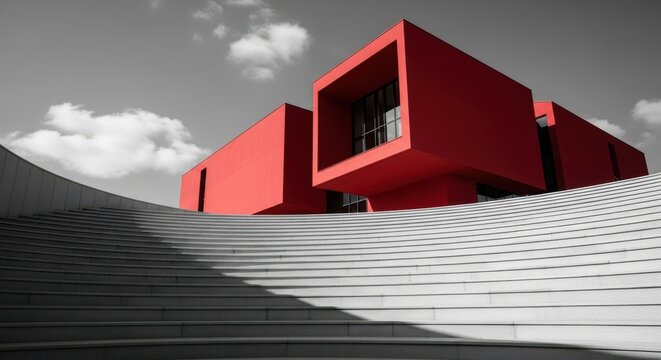 Modern architecture with red building, geometric design, concrete stairs, urban art, and abstract structure, under a cloudy sky - Powered by Adobe