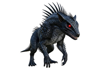Fototapeta premium A formidable, dark creature with spiky scales and glowing red eyes dominates the stark black backdrop.