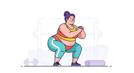 A plus-size woman in workout clothes is doing a squat in a gym setting, with a yoga mat and dumbbell nearby.