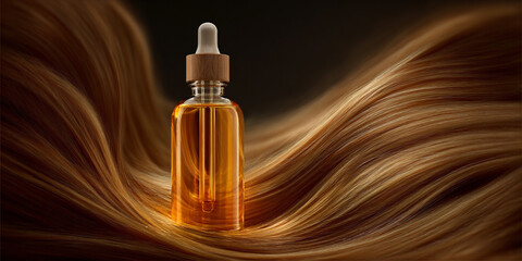 Naklejka premium Amber cosmetic dropper bottle placed on long wavy hair, beauty skincare styling for professional cosmetic branding visuals - AI generated