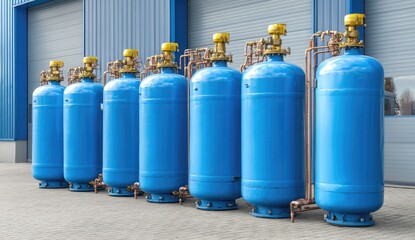 Blue industrial gas cylinders lined up outdoors