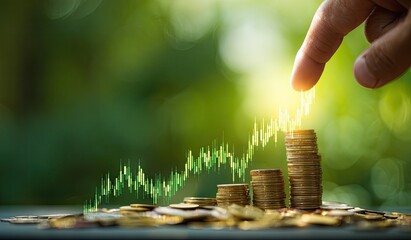 A hand placing coins on top of a rising stock chart