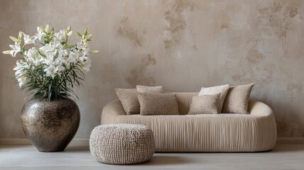 Stylish elegant room featuring beige sofa, round pouf, floral vase of white lilies, and textured neutral wall with clear copy space