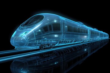 Futuristic train model, outlined in translucent blue, on a dark background