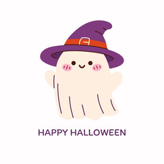 Halloween card with cute ghost character in witch hat. Halloween phantom isolated on a white background, hand drawn. Happy Halloween for kids