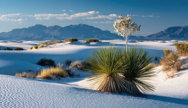 White desert landscape with a yucca plant - Powered by Adobe