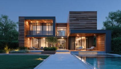 Fototapeta premium Modern luxury home at dusk with pool