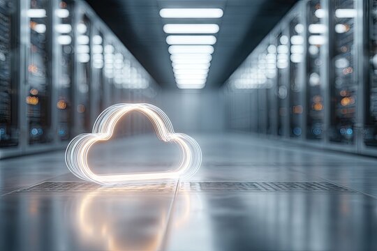 Glowing Cloud Symbol in a Modern Data Center. - Powered by Adobe