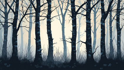 Obraz premium Illustration of Blue Trees in Forest with Haze