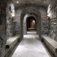 Obraz premium Stone archway corridor with benches