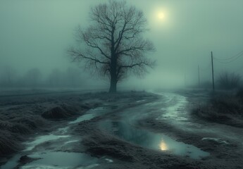 Moody landscape with lone autumn tree and winding path.
