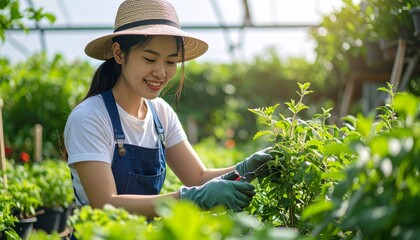 Professional Gardener Trimming Plants in Green Garden