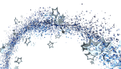 Sparkling silver and blue stars trail across a white background. Perfect for celebratory designs, holiday cards, or magical themes.